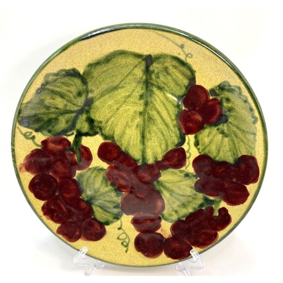 Vtg Hand Made Pottery Plate Grape Leaves & Grapes, Hand Painted - Picture 1 of 4